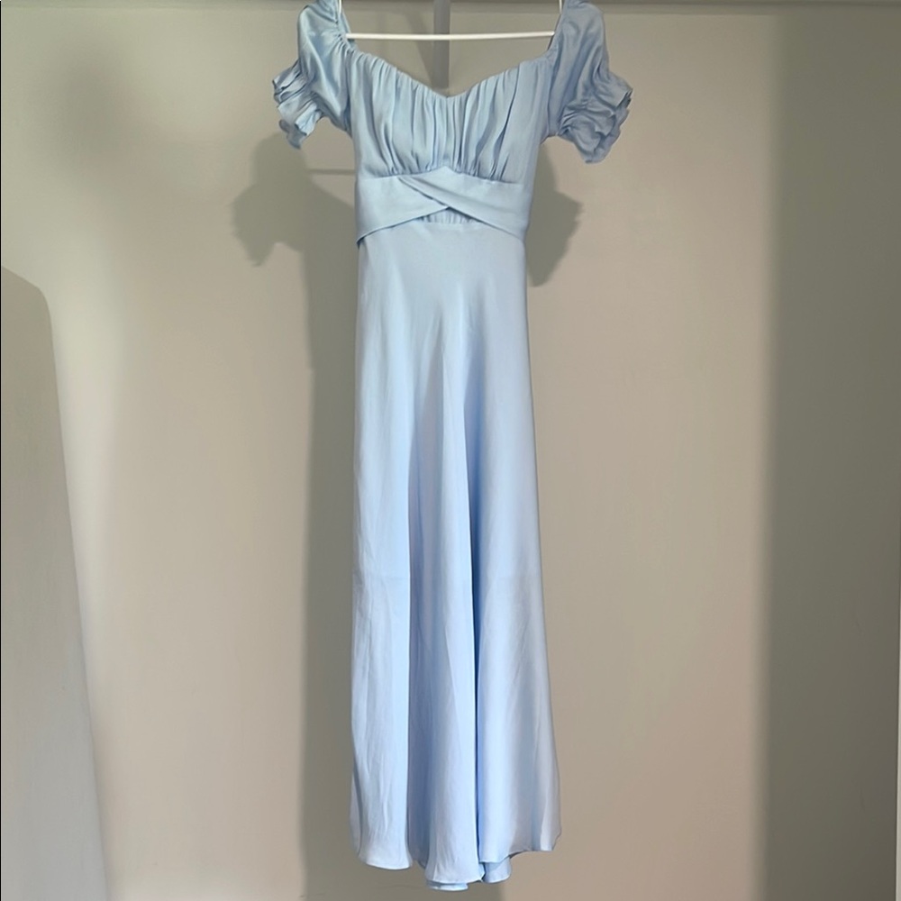Hello Molly Blue Ruched Maxi Gown with Puff Sleeves